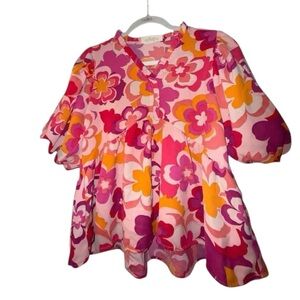 Surplice pink and orange groovy flower 🌼 blouse by haptics. Size small!